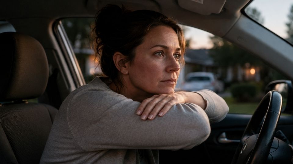 Woman pausing alone in her car before going inside, a private moment behind an outwardly steady life.