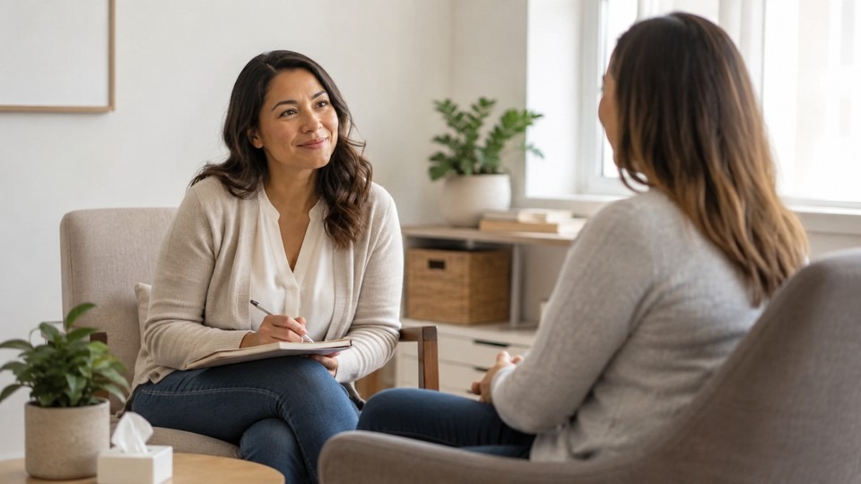 Person meeting with a counselor to match alcohol treatment to their stage of drinking.