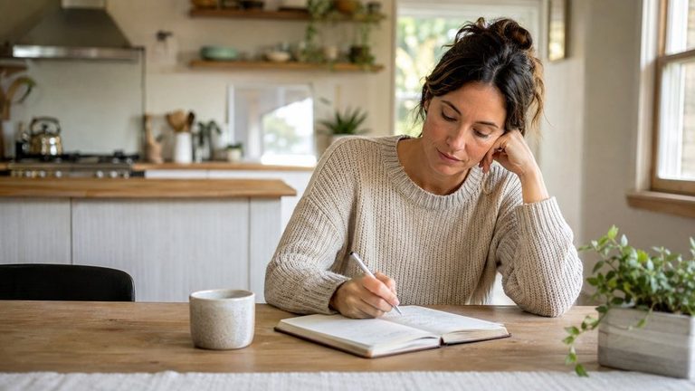 Woman reflecting on her drinking habits in a journal, an early step in recognizing the stages of alcoholism