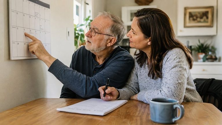 Family member helping an older man keep track of dates, an everyday face of wet brain memory problems