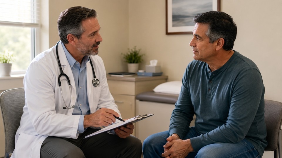 Doctor explaining Wernicke-Korsakoff syndrome symptoms and thiamine treatment to a patient