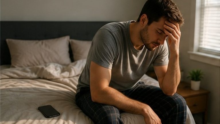 Man sitting on the edge of his bed the morning after drinking, feeling the wave of hangxiety