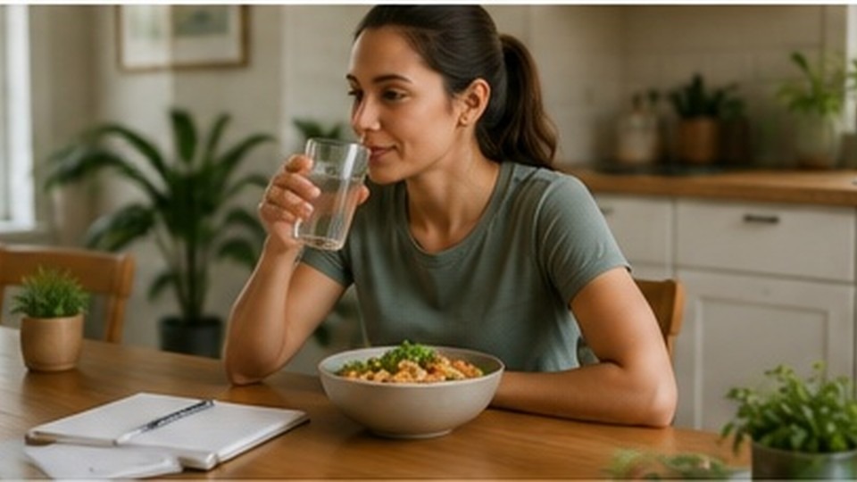 Woman rehydrating and eating a balanced meal while riding out hangover anxiety.