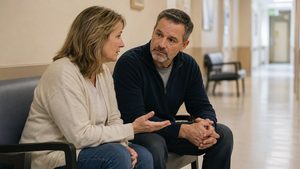 Two siblings talking in a hospital hallway about a family member's advanced drinking