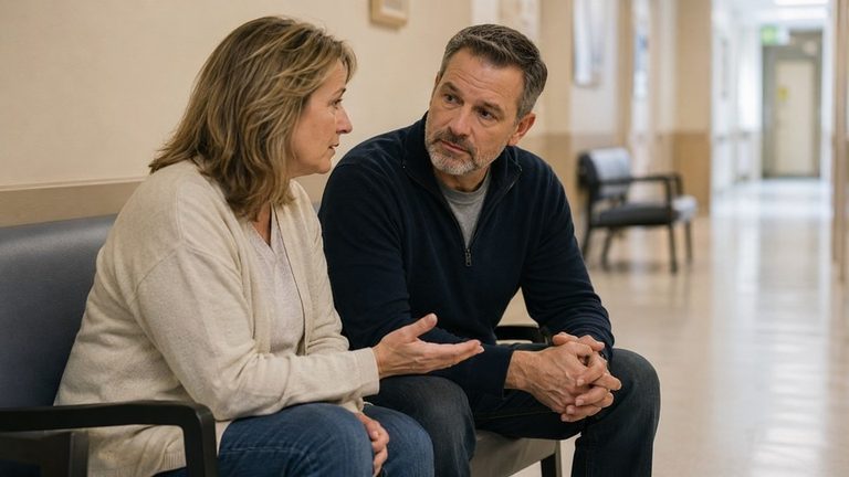 Two siblings talking in a hospital hallway about a family member's advanced drinking