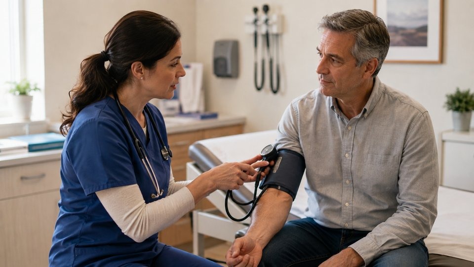 Clinician assessing a patient during a medical workup for advanced alcohol-related illness.