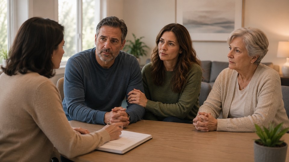 Family meeting with a counselor to plan care after a relative's advanced alcohol use.