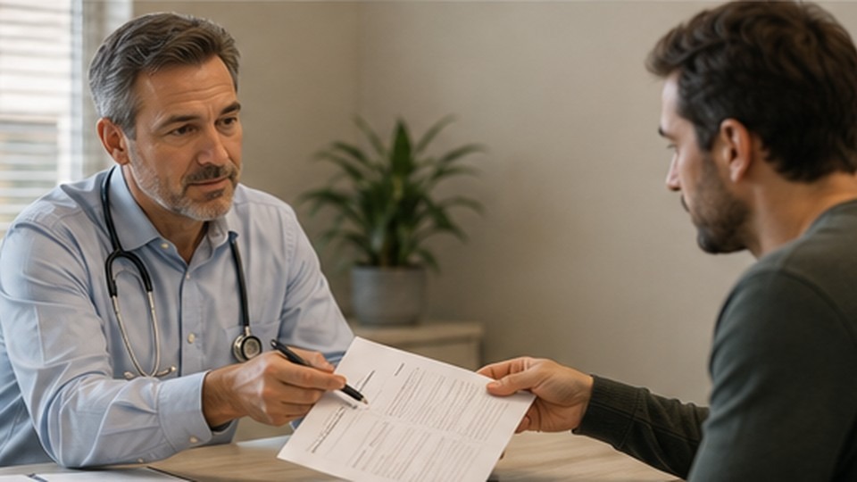 Healthcare provider signing the medical certification form an employee needs for FMLA leave.