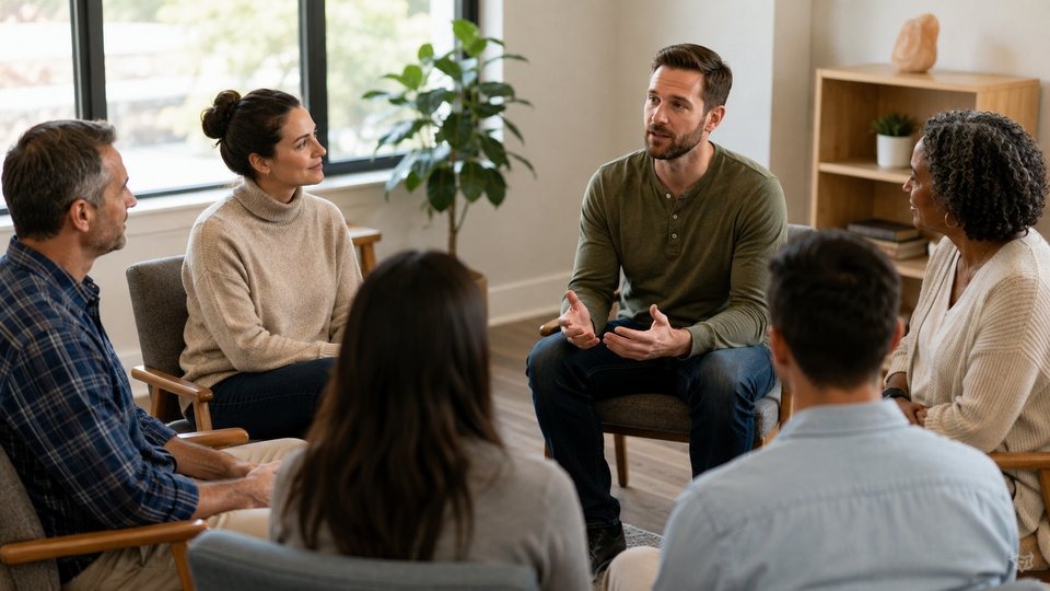 Adults in an outpatient group therapy session for stimulant use.