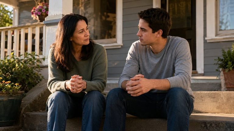 Parent talking with her adult son about changes she has noticed that may be signs of meth use