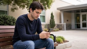 Person looking up information about drug testing outside a clinic.
