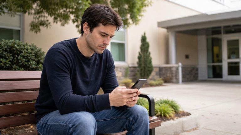 Person looking up information about drug testing outside a clinic.
