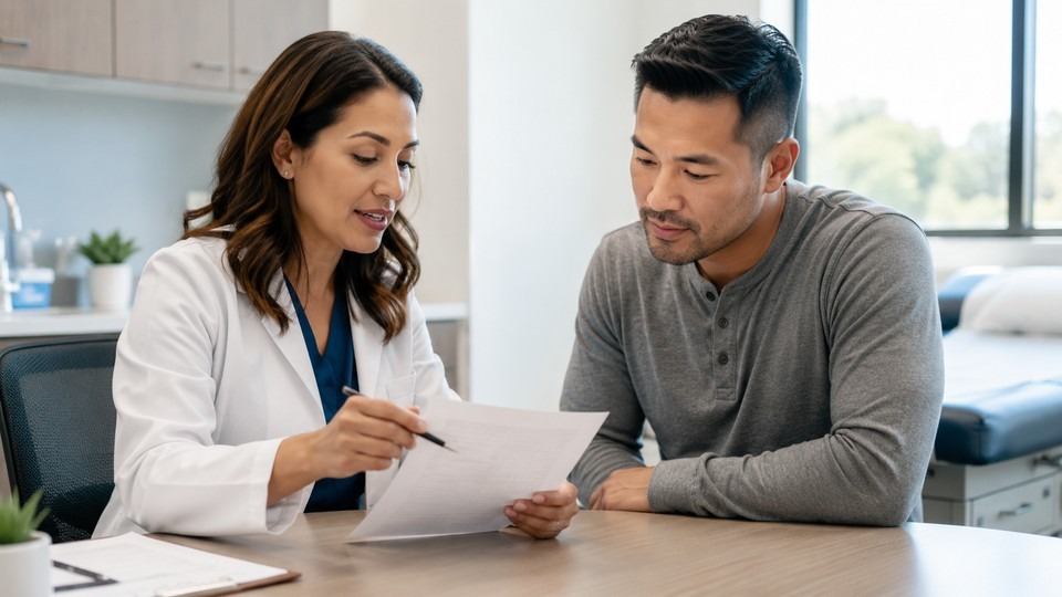 Clinician reviewing test results and treatment options with a patient.
