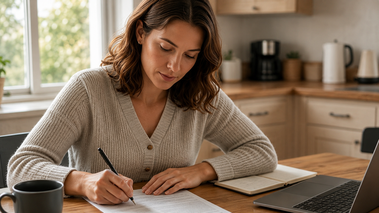 Woman completing an FMLA for rehab leave request form at her kitchen table before work.