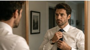 Professional man getting ready for work while privately struggling, the daily reality of a functioning addict