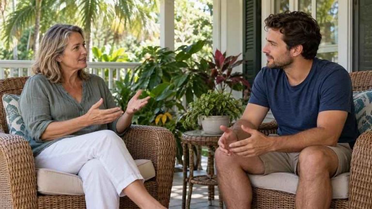 Two adults having a calm conversation on a shaded porch.
