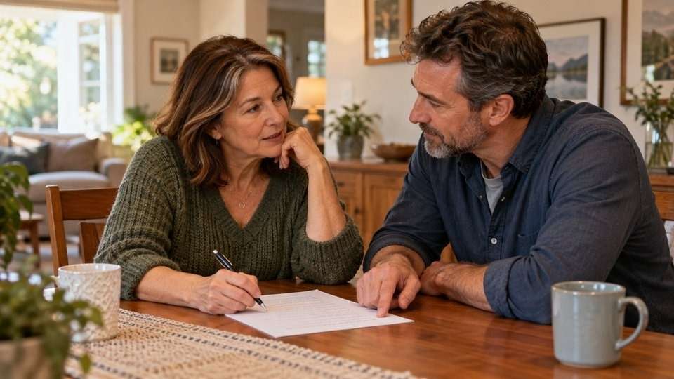 Two adults reviewing a handwritten list at home to prepare questions about medication safety.