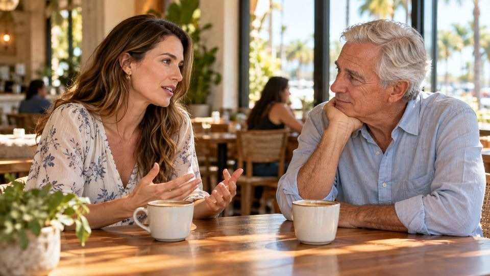 Older man and adult woman talking across a cafe table with two mugs