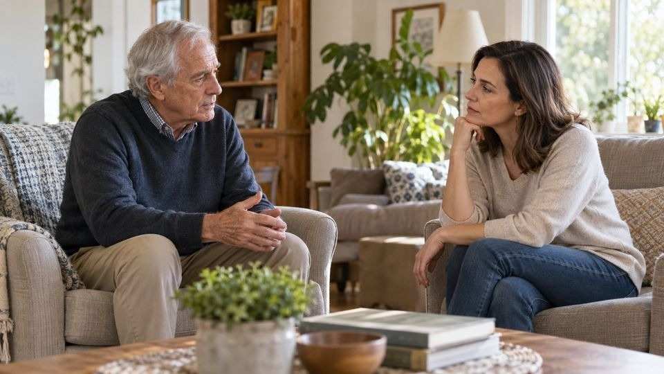 An older man and an adult family member talking in a bright living room about health concerns.
