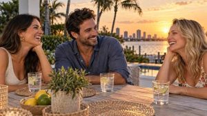 Three friends laughing together at a patio table with glasses of sparkling water.