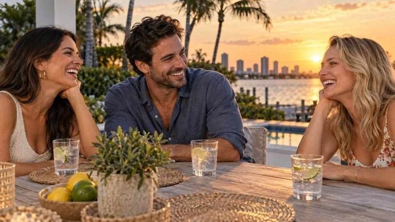 Three friends laughing together at a patio table with glasses of sparkling water.