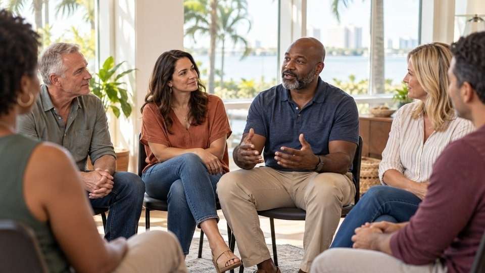 Adults in a group therapy session at a partial hospitalization level of care.