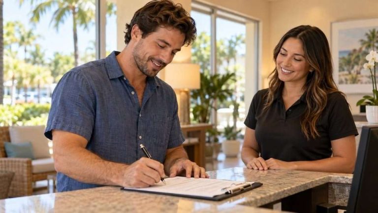 Man completing intake paperwork at a South Florida office before discussing drug testing and treatment.