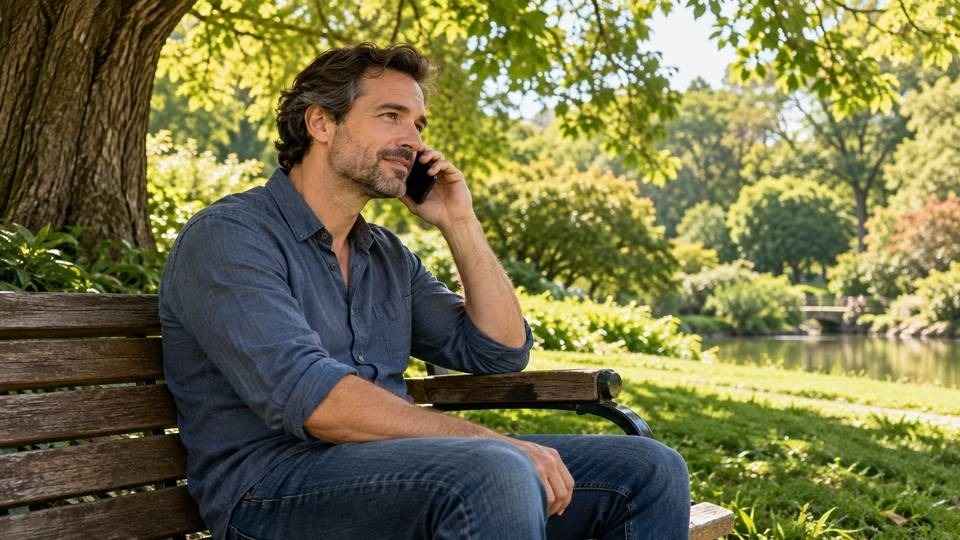 A man making a phone call while seated on a shaded park bench.