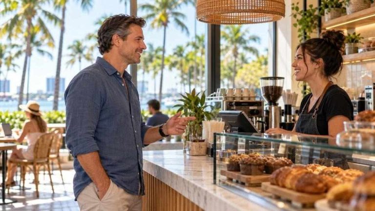 Man ordering iced coffee, since caffeine is one of the stimulant drugs many adults use every day.