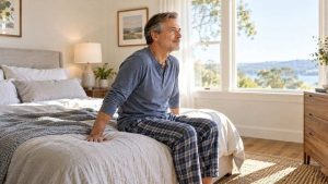 A man sitting at the edge of his bed before standing, illustrating precautions for dizziness and wondering Do Opioids Lower Blood Pressure?