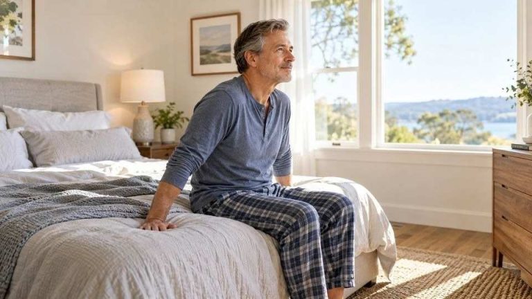 A man sitting at the edge of his bed before standing, illustrating precautions for dizziness and wondering Do Opioids Lower Blood Pressure?