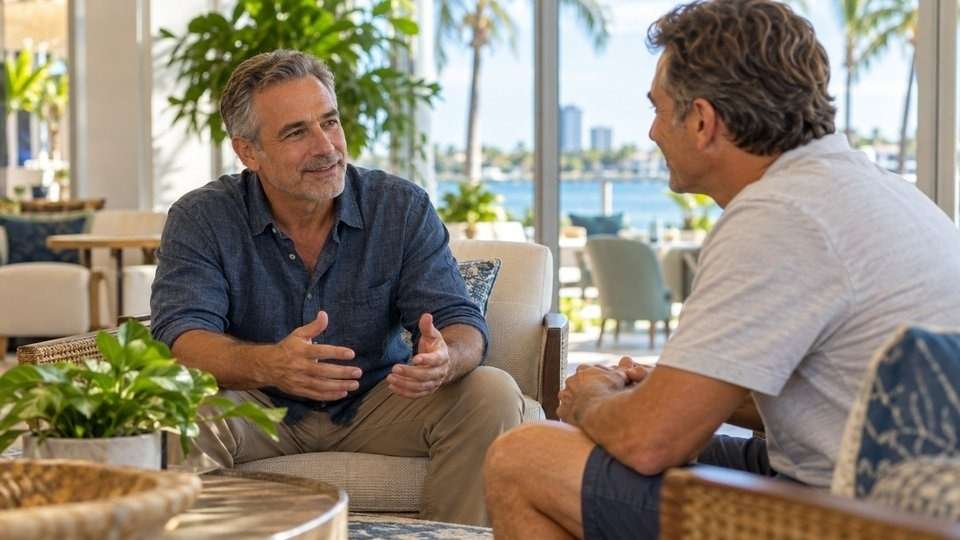 Man in his fifties having a calm conversation with a peer in a bright Florida lounge