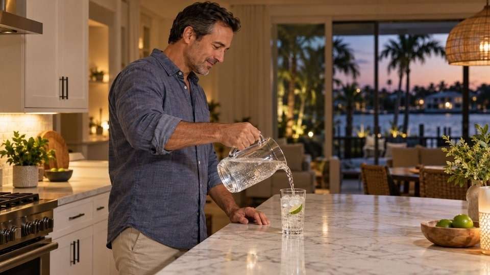 A man pouring sparkling water with lime in his home kitchen.