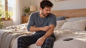 Man sitting on the edge of a bed and scratching his forearm..