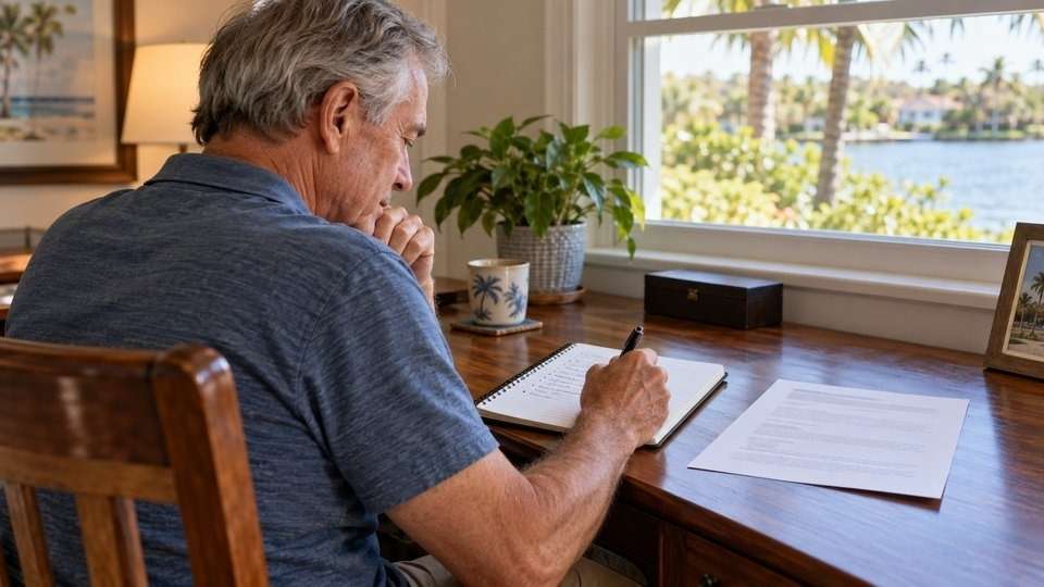Older man writing questions in a notebook at a desk beside a sunny window.