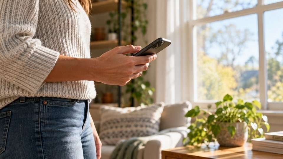 Woman holding a smartphone near a sunlit living room window.