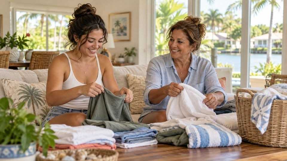 Two women folding laundry in a shared sober living home as part of their aftercare program.