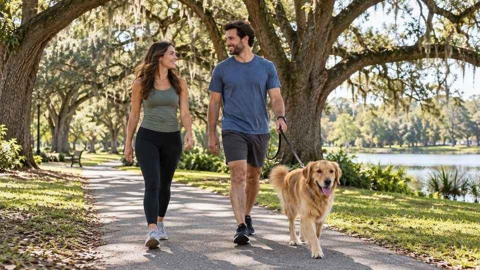 Two adult siblings walking a dog together through a sunny neighborhood park