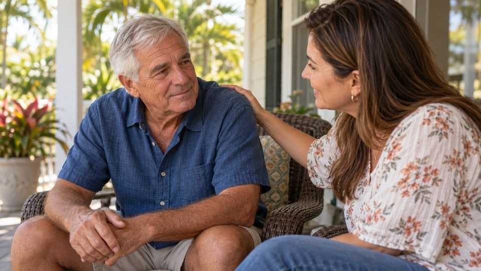 Older man talking openly with his adult daughter on a porch as part of his aftercare plan.