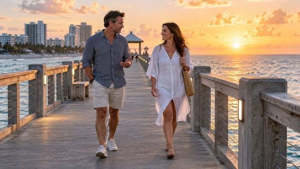 Two adult friends walking and talking on a Florida beach pier at sunrise.