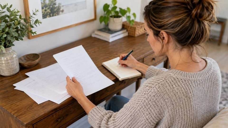 A woman organizing paperwork and writing questions at home.