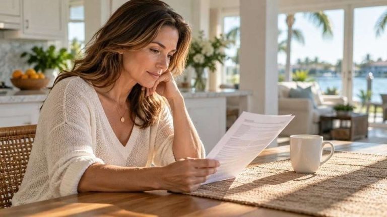 Woman reading a printed information sheet at a sunlit kitchen table beside a mug.