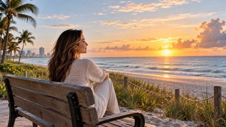 Woman seated on a beach bench looking toward the ocean at sunrise.