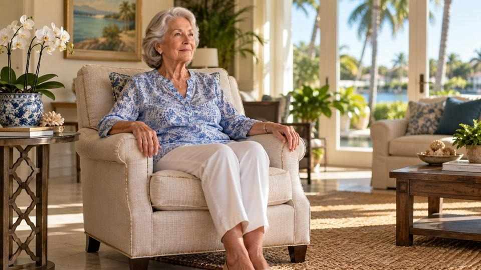 An older woman resting in an armchair in a sunny living room, illustrating a pause when feeling lightheaded