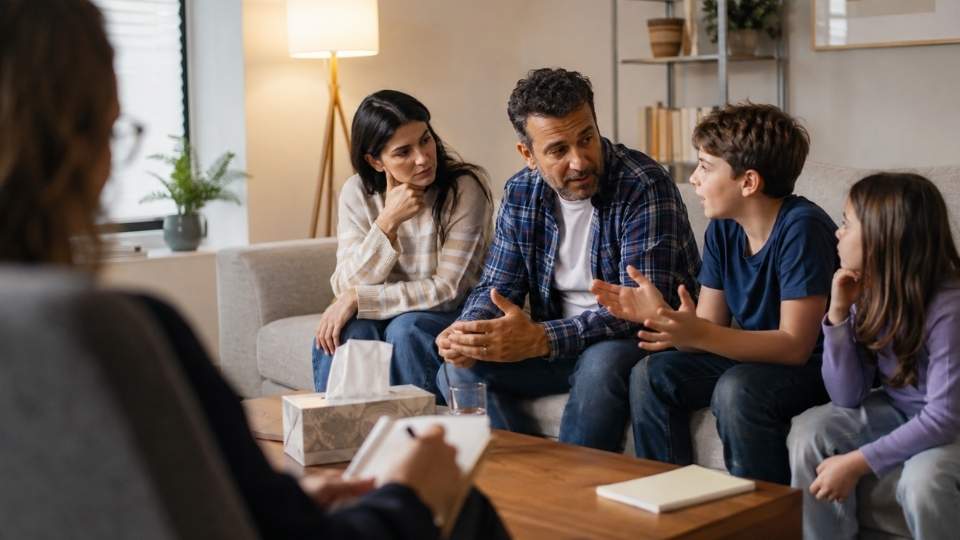 Top 4 Goals of Family Therapy hero image of a family in therapy.