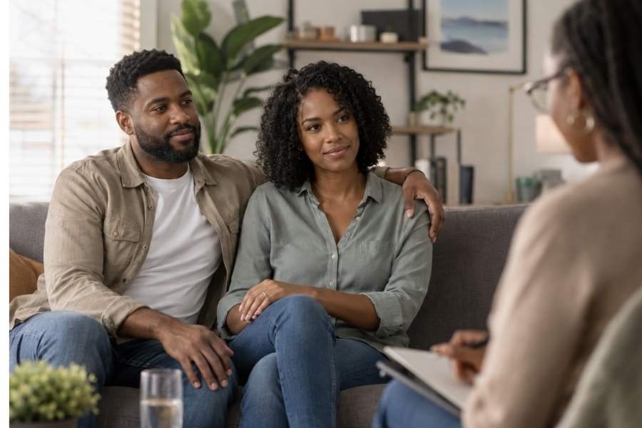 a couple attends family therapy during addiction treatment.
