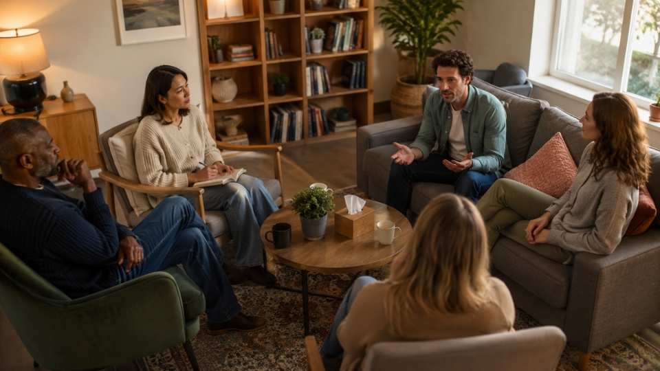 a group of people in a sober space living together discussing treatment.