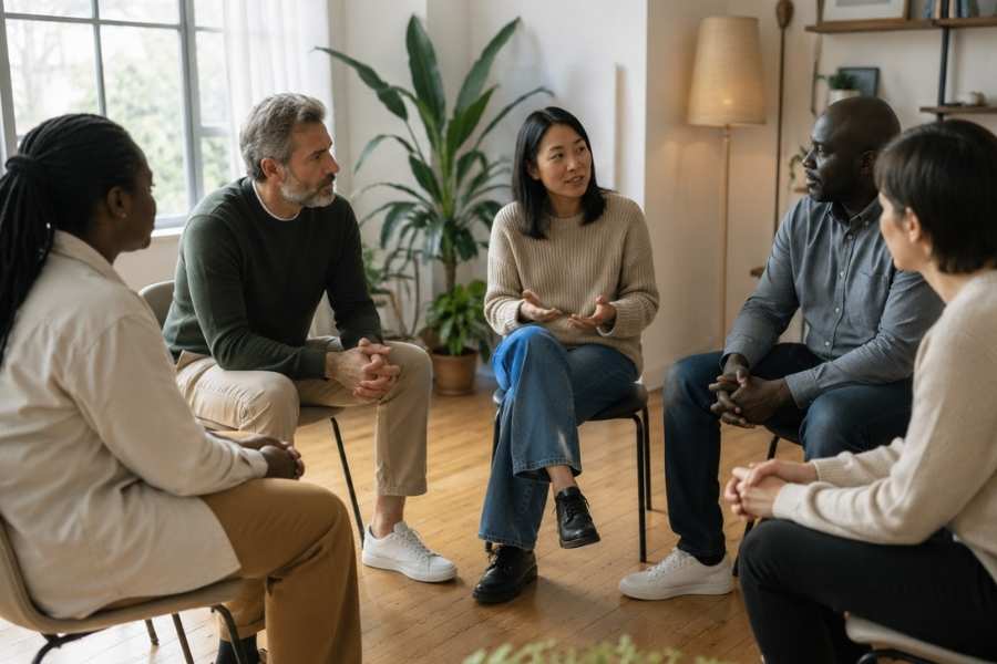 a group therapy session where the discussion helps everyone as they share what they struggle with.
