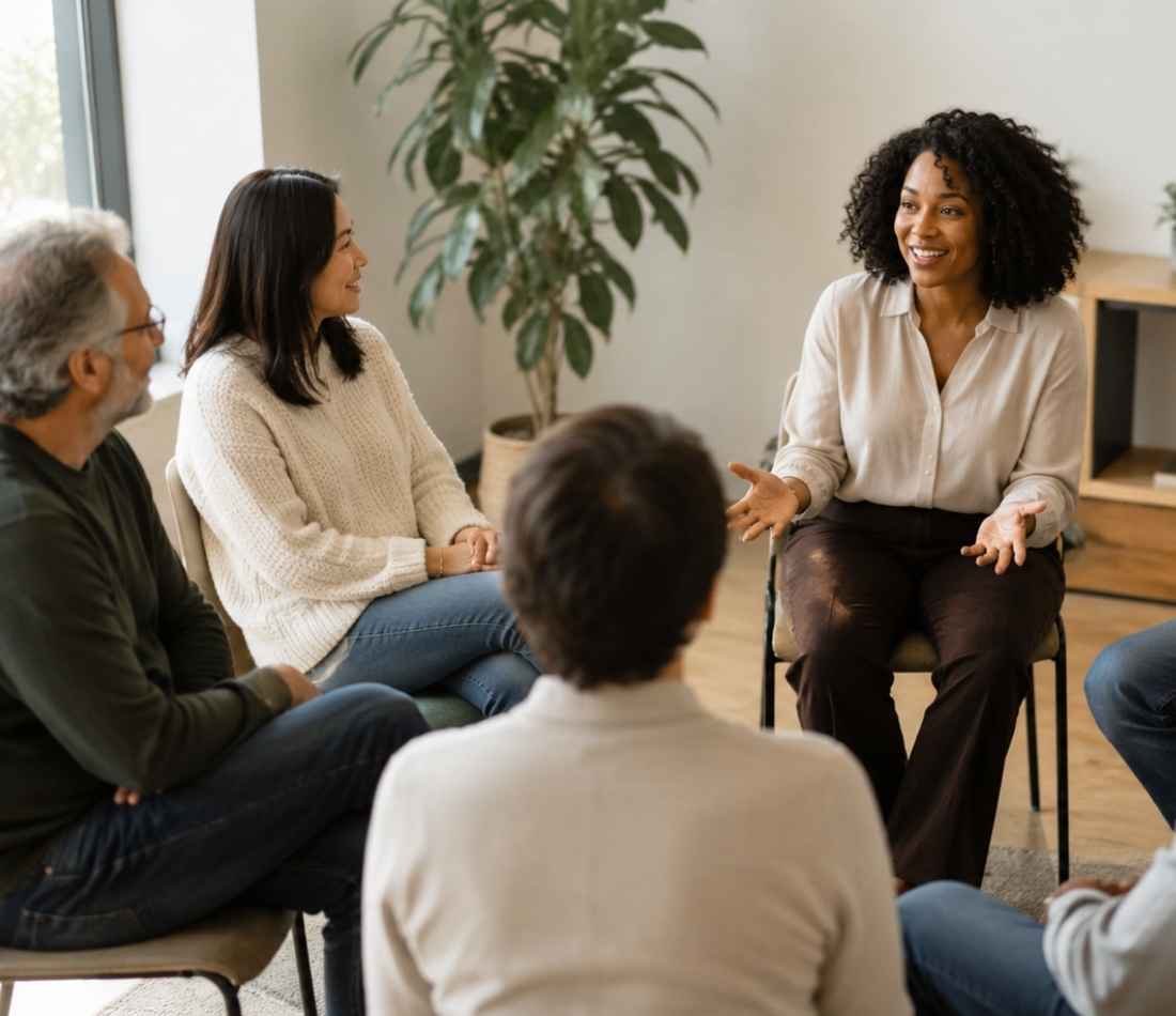 a group therapy session where those in recovery learn to share their stories.