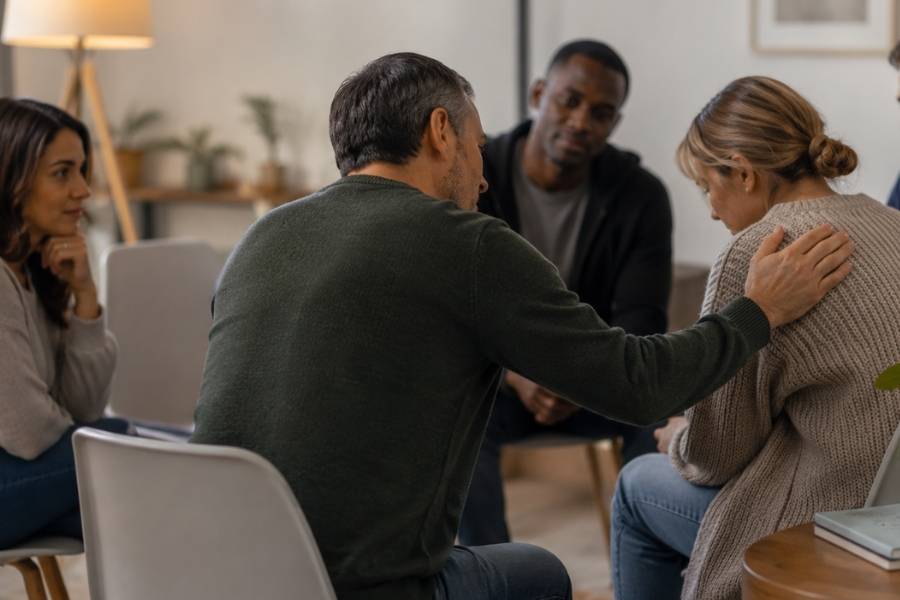 a group therapy sessions provides support during a drug rehab program.